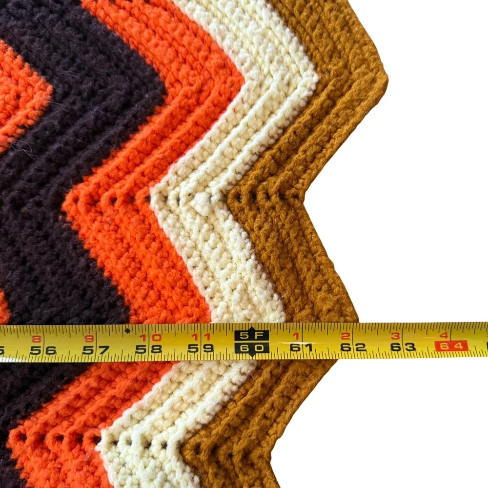 Vtg Crochet Afghan Blanket Zig Zag Chevron Orange Brown Cream Cottagecore Hippie